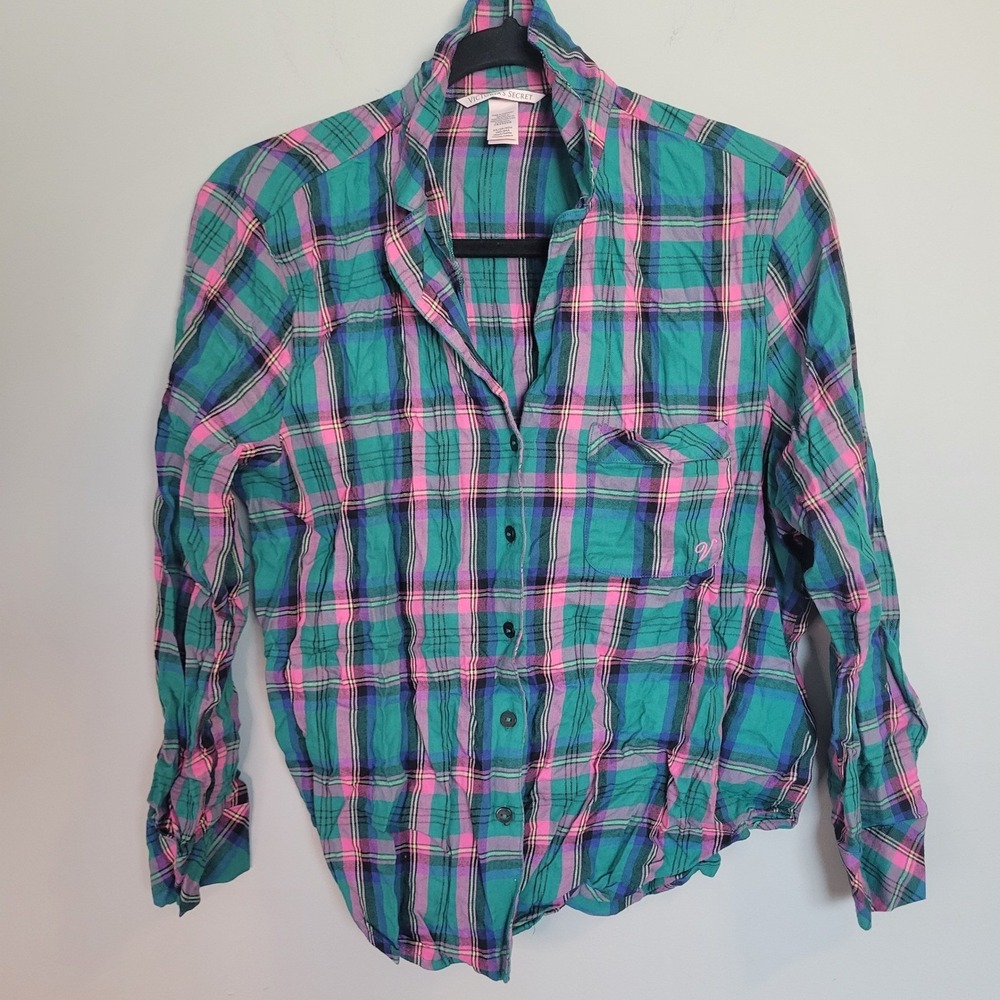 Victorias Secret Womens XS Plaid Pajama Top Teal Pink Purple Button Down